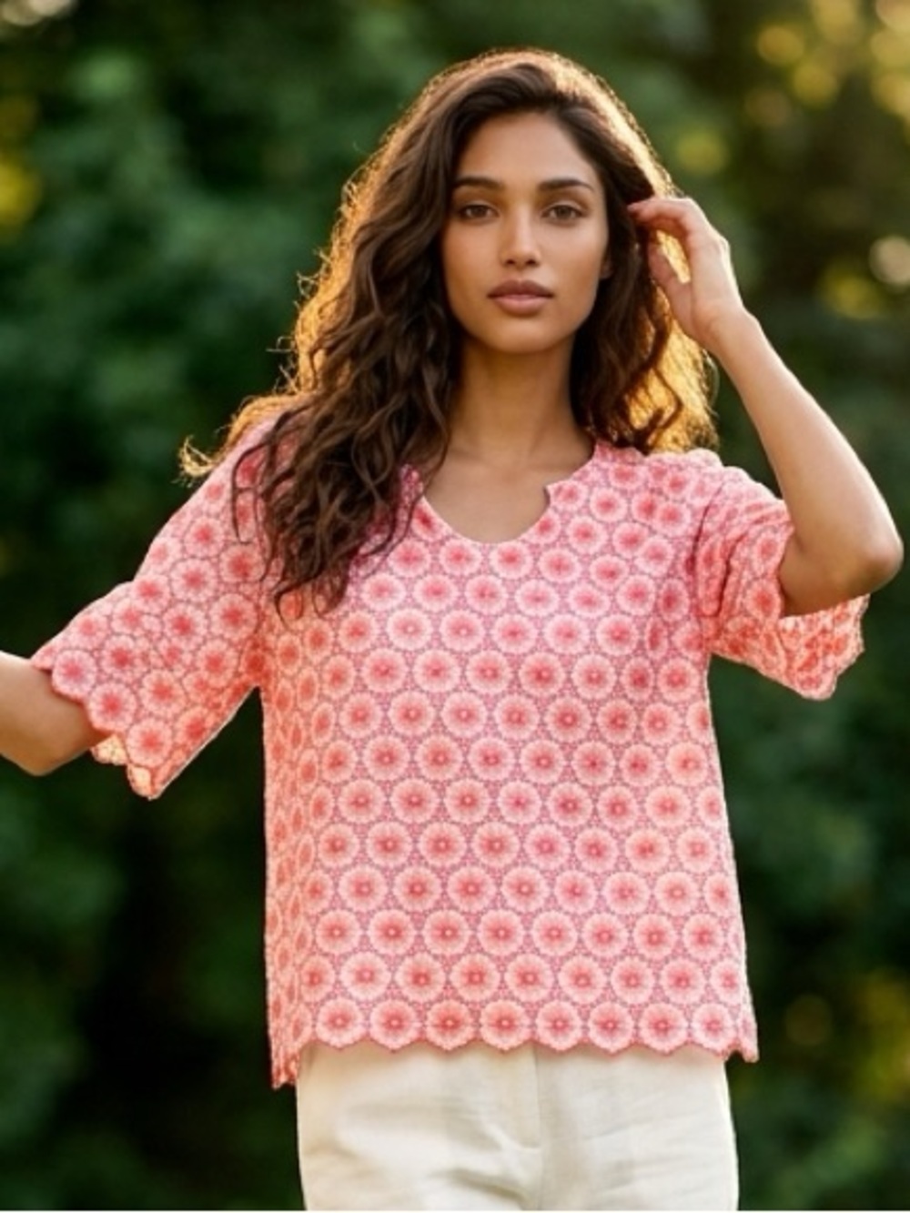 Ella Coral Pink Floral Eyelet Short Sleeve Tunic
